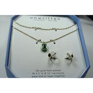 Unwritten 14K Gold Flash Plated Necklace & Earrings Set With Green Pendant & Stu